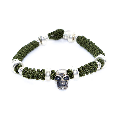 KRISS & JULES Olive Thread Silver Skull Mokuba Bracelet C0932 $155 NEW