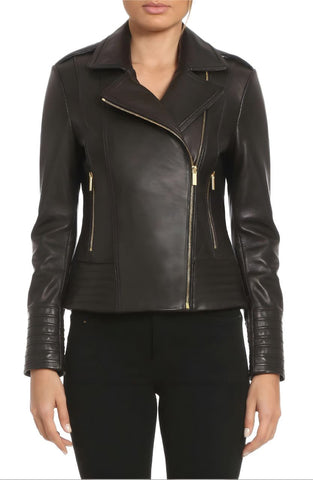 BADGLEY MISCHKA Women's Black Leather Gia Biker Jacket #63409 NWT