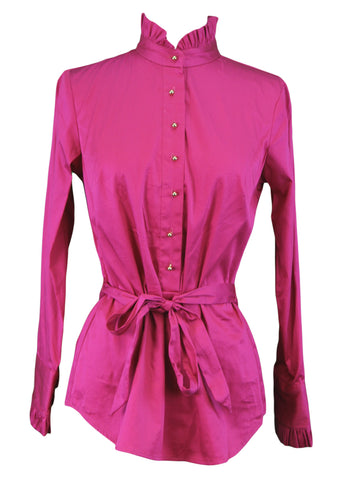 ELIZABETH MCKAY Jazz Waist Tie Ruffled High Neck Elizabeth Shirt 4071 $195 NWT