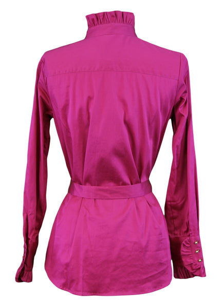 ELIZABETH MCKAY Jazz Waist Tie Ruffled High Neck Elizabeth Shirt 4071 $195 NWT