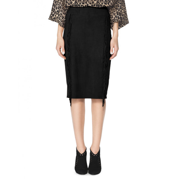 Tamara Mellon of Black Suede Fringe Slim Skirt $895 NEW