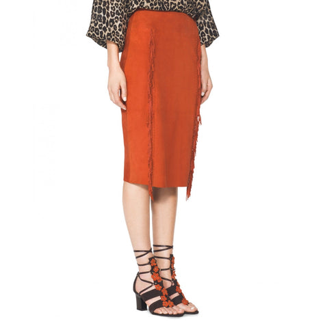 Tamara Mellon of Burnt Orange Suede Fringe Slim Skirt $895 NEW