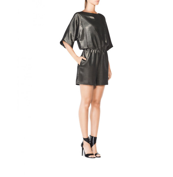 Tamara Mellon Teal Metallic Boat Neck Romper $745 NEW