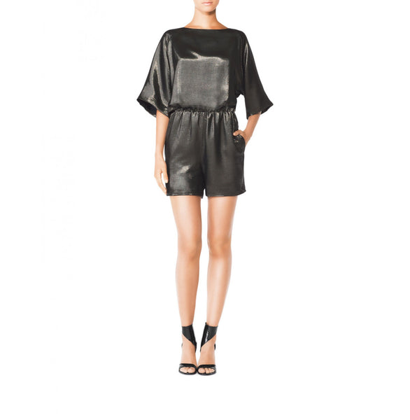 Tamara Mellon Teal Metallic Boat Neck Romper $745 NEW