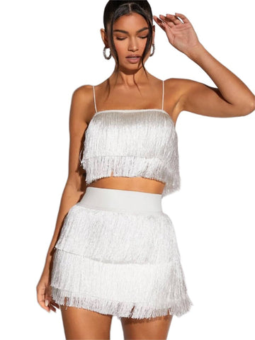 SHEIN Women's White Fringe Detail Cami Top and Bodycorn Skirt Size M NWOT