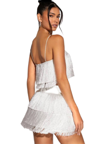 SHEIN Women's White Fringe Detail Cami Top and Bodycorn Skirt Size M NWOT