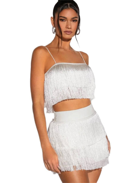 SHEIN Women's White Fringe Detail Cami Top and Bodycorn Skirt Size M NWOT