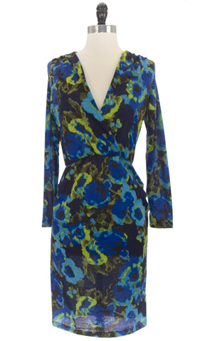 VON VONNI Women's Susanne Blue Floral Long Sleeve V-Neck Dress $130 NEW